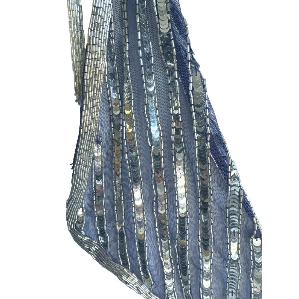 Blue Mesh Silver Sequin Glass Beaded Triangle Shawl Wrap Fringe 23" - Picture 7 of 11